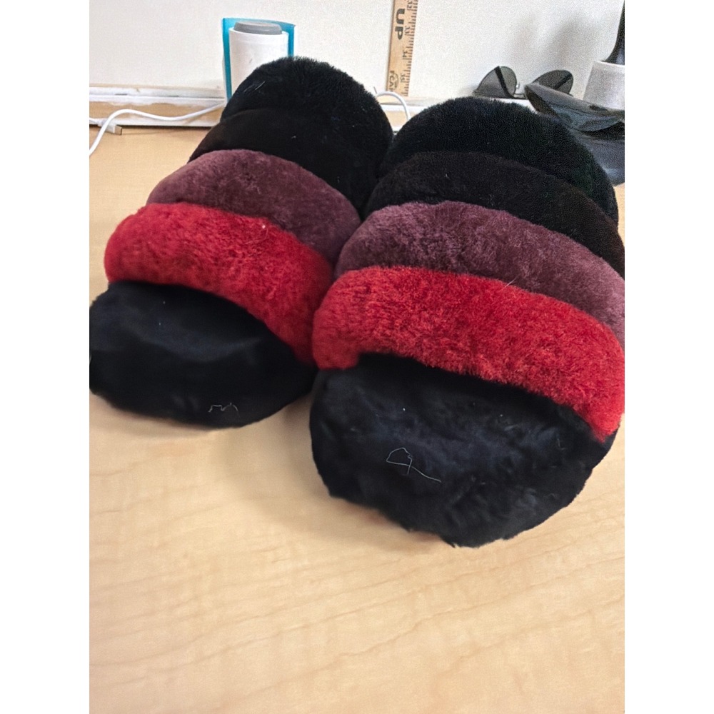UGG Fluffita Multicolor Stripe Black Red Sheepskin Platform Slides Sandals 10